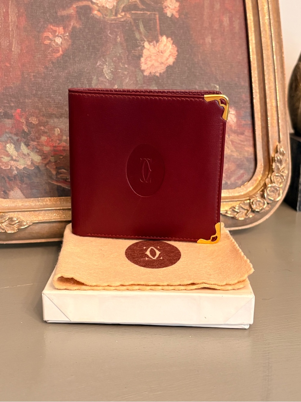 Cartier Burgundy Leather Men's Wallet with Gold Corner Accents